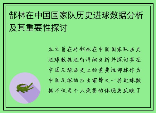郜林在中国国家队历史进球数据分析及其重要性探讨